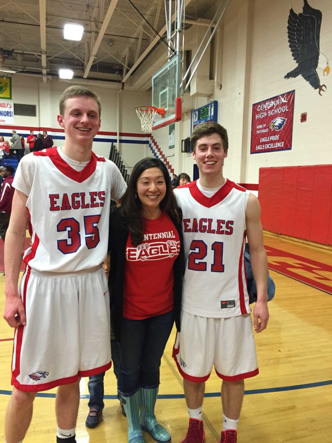 Eli Geist and Kevin Wilson pose with Teacher of the Year, Mrs. Chung.