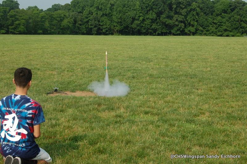 Freshman Fabrizio Dulanto shoots off his rocket on Friday, June 12.  Ms. Smith and Mr. Sendins classes participated in the annual activity.