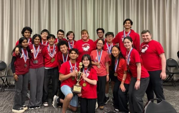 Centennial’s Science Olympiad team poses after winning their 10th state title. Photo taken by Matthew Yang.